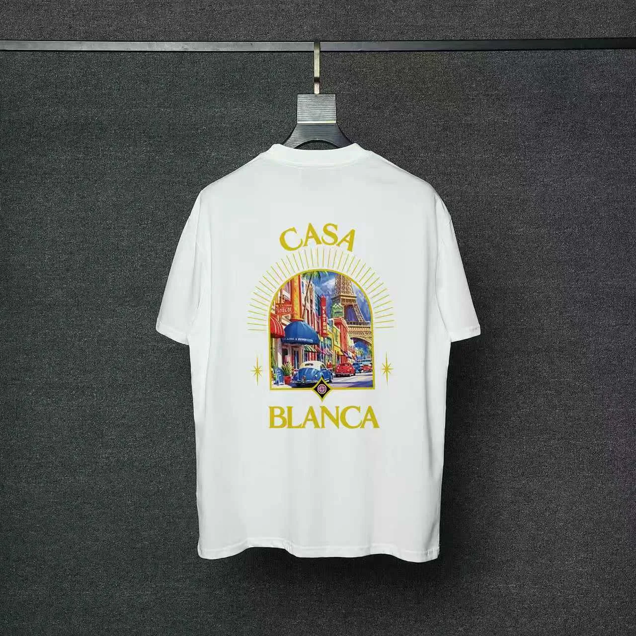 26ss CASABLANCA original printing process short-sleeved T-shirt original development using high-density double yarn pure cotton fabric upper body soft and comfortable color Black White Dark Green color Orange Pink Blue Royal Blue color cigarette powder 8 colors Sizes S M L XL